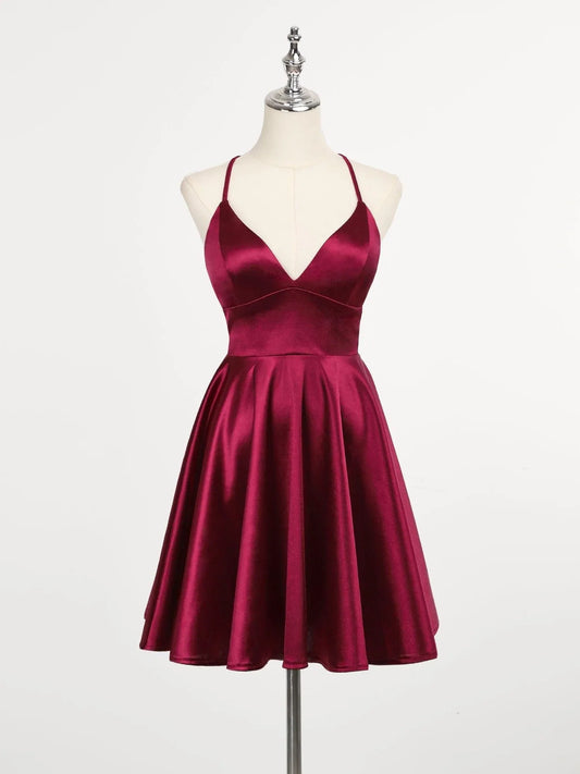 Elegant Red Lace A-Line Classic-Neck Sleeveless Lace-Up-Back Mini-Length Homecoming Dress