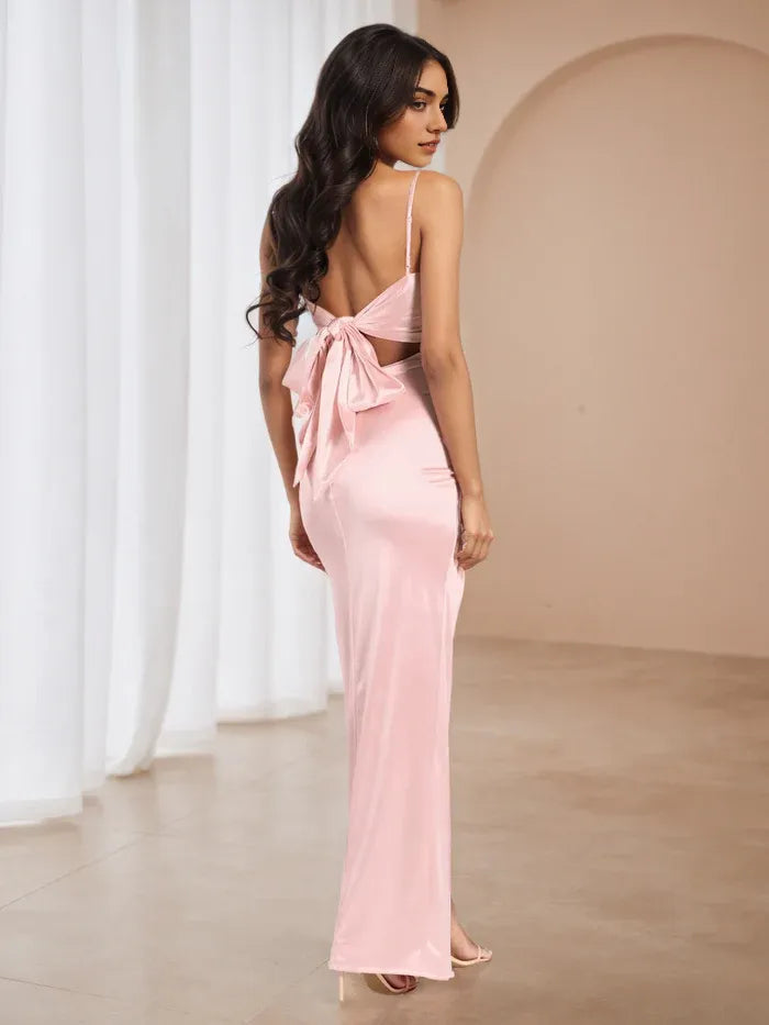 Blush Pink Spaghetti Straps Blush Pleats Long Prom Dresses with Bowknow Back