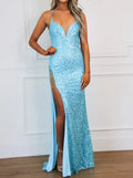 Spaghetti Straps Floor-length Long Prom Dresses With Split Side Sequins