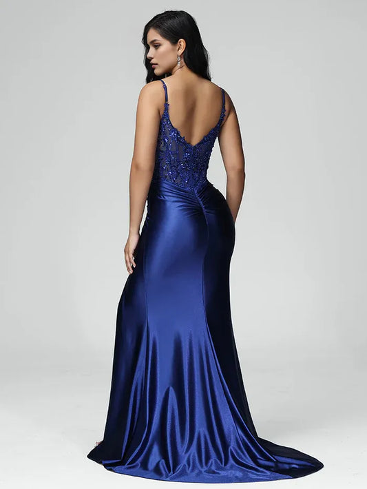 Elegant Red Slit Mermaid Classic-Neck Sleeveless Classic-Back Floor-Length Prom Dress