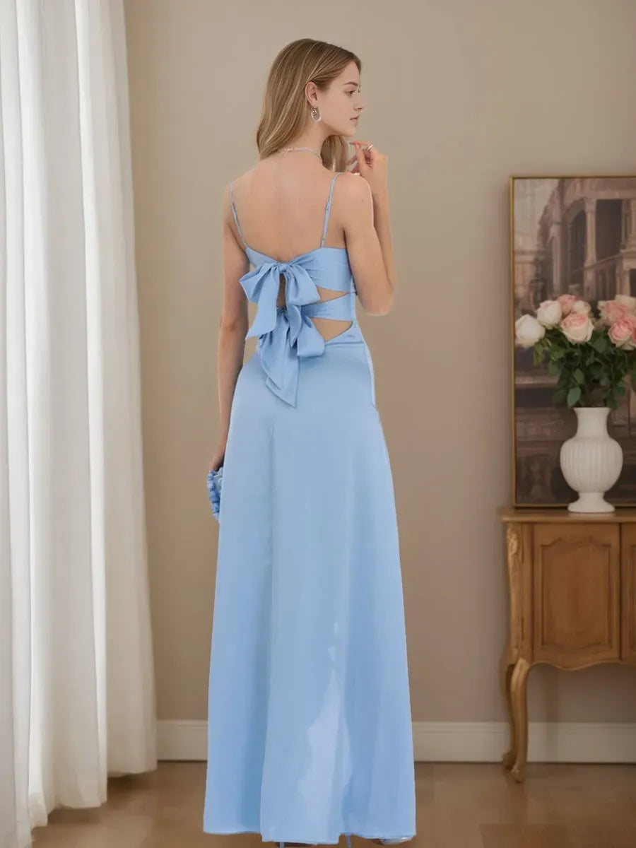 Spaghetti Straps Ruched Prom Dresses with High Side Slit Bowknot Ruffles