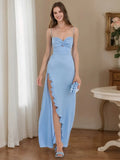 Spaghetti Straps Ruched Prom Dresses with High Side Slit Bowknot Ruffles