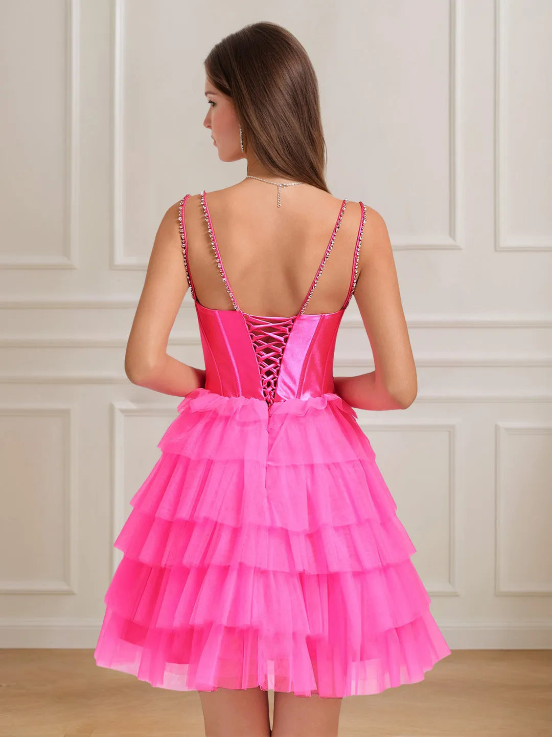 Spaghetti Straps Sleeveless Short/Mini Homecoming Dresses with Tiered Rhinestones Lace-Up