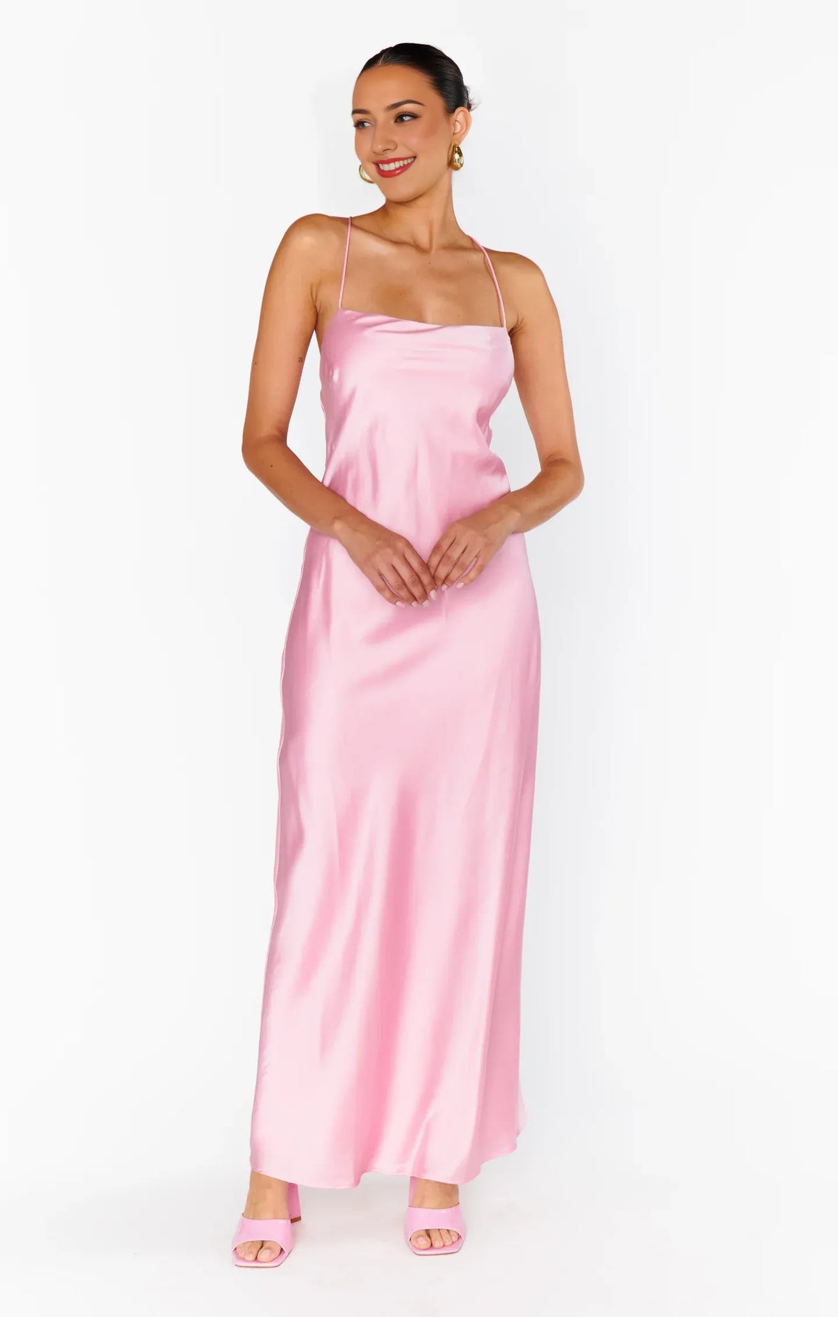 Stylish Refined Elegant Light Pink Satin Square Neck Spaghetti Strap Prom Dress