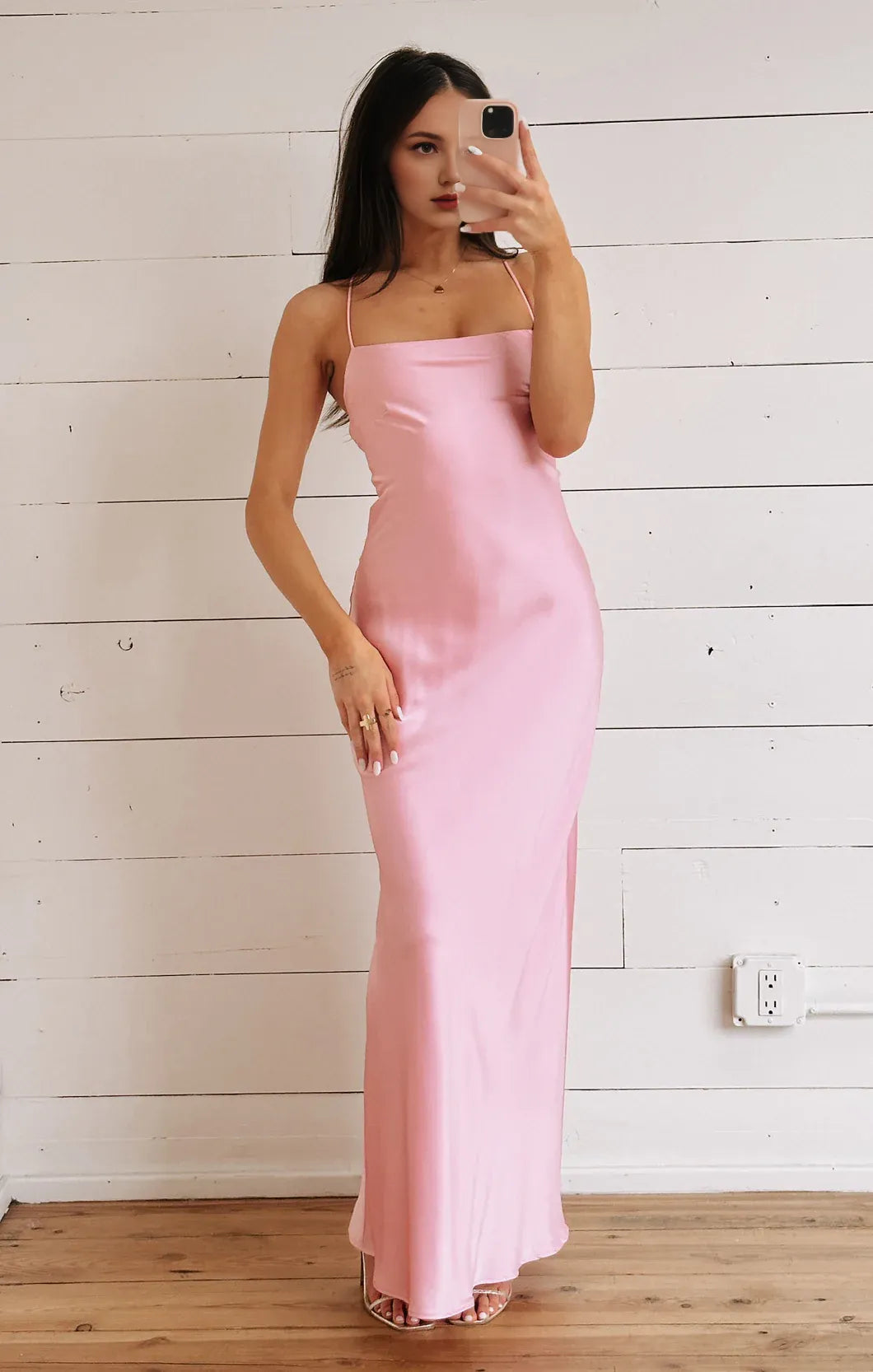 Stylish Refined Elegant Light Pink Satin Square Neck Spaghetti Strap Prom Dress