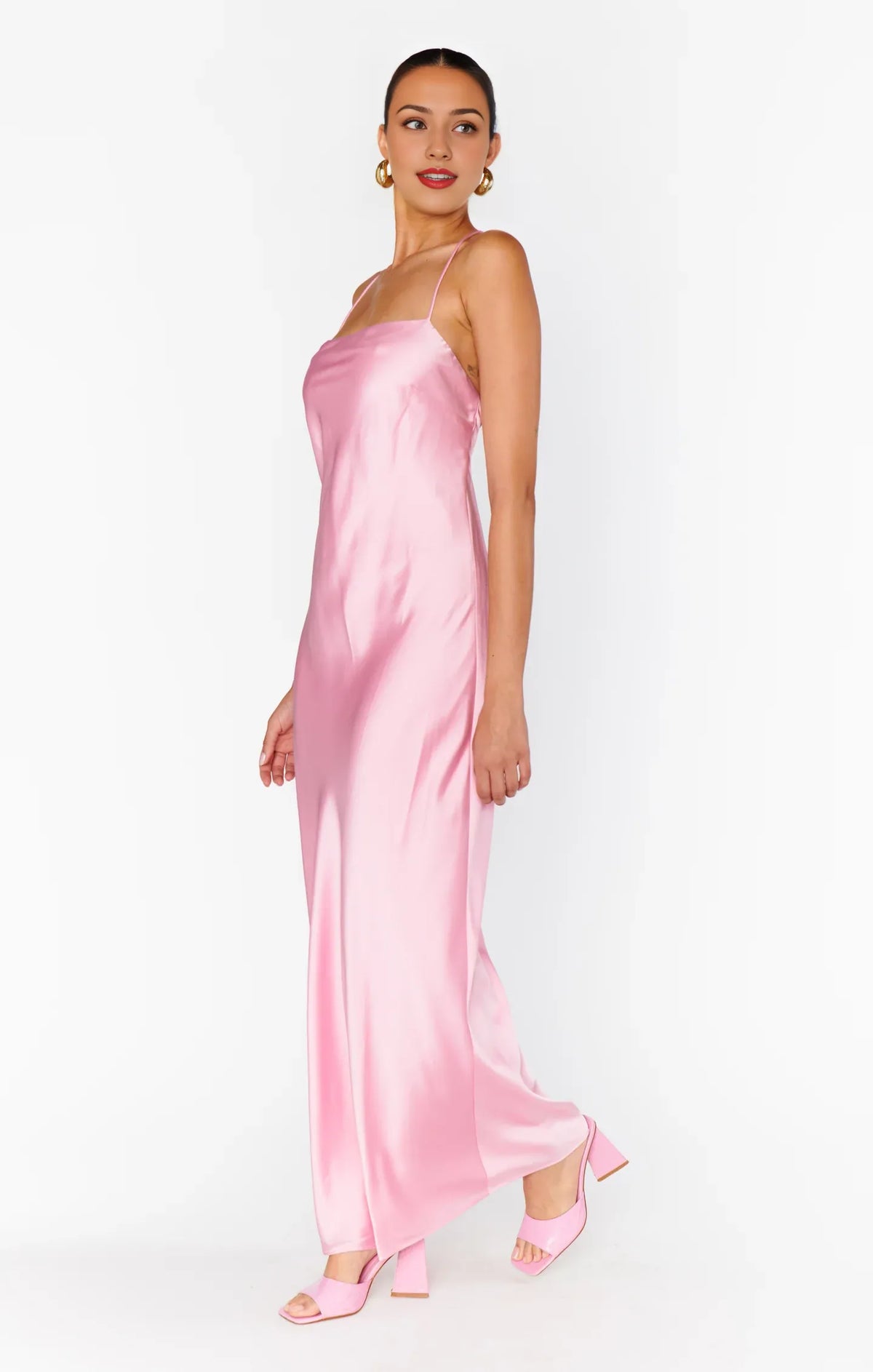 Stylish Refined Elegant Light Pink Satin Square Neck Spaghetti Strap Prom Dress