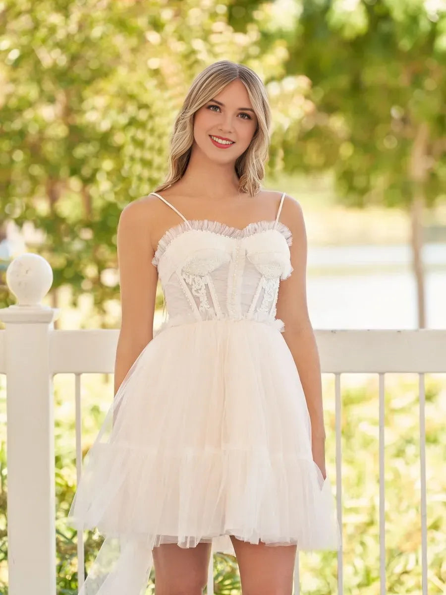 Spaghetti Straps Appliques Short Homecoming Dresses With Bow