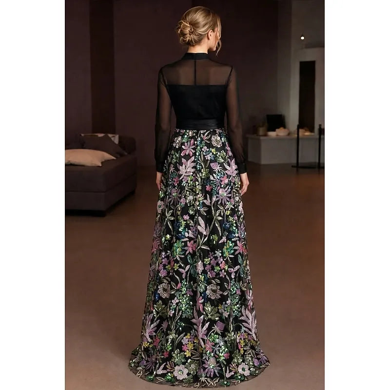 Elegant Black Satin A-Line Long Sleeve Floor-Length Mother of the Bride Dress