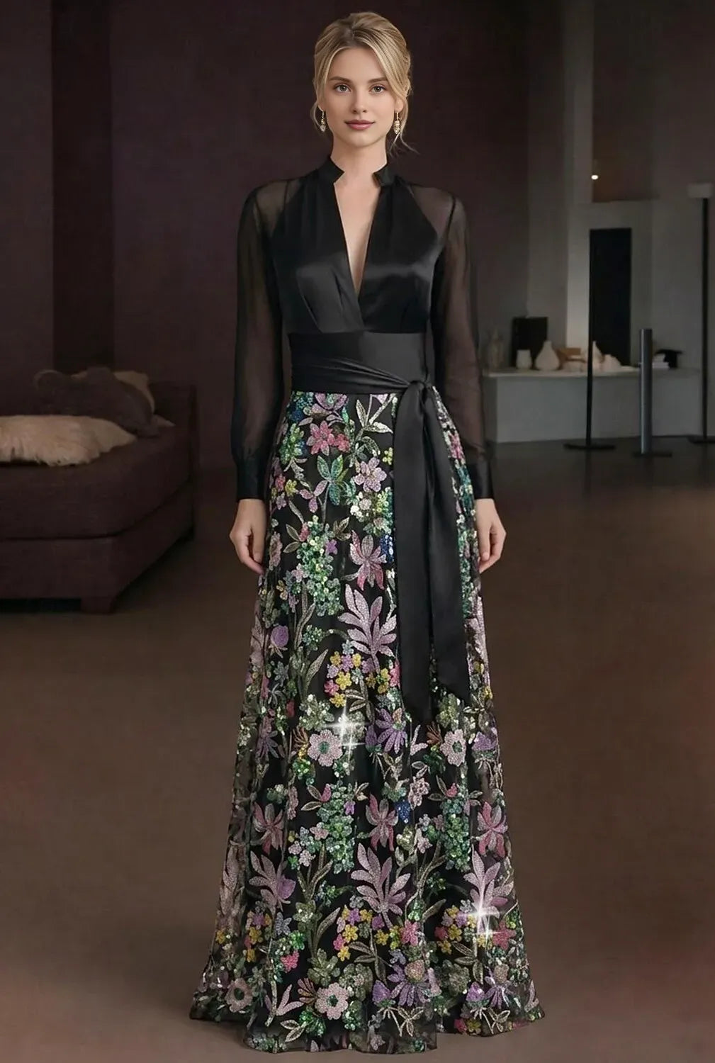 Elegant Black Satin A-Line Long Sleeve Floor-Length Mother of the Bride Dress