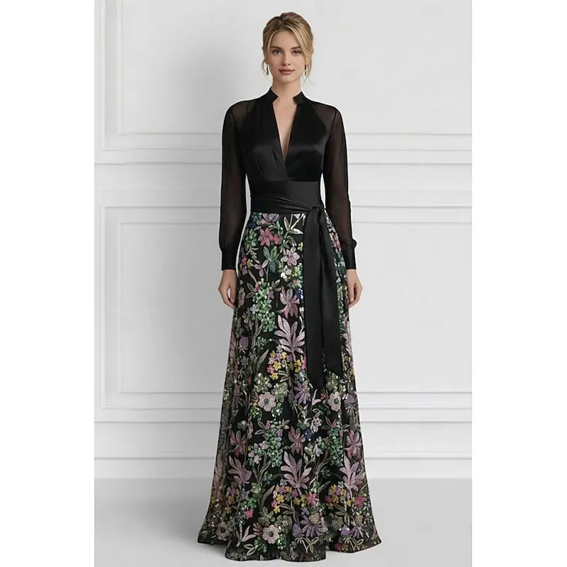 Elegant Black Satin A-Line Long Sleeve Floor-Length Mother of the Bride Dress