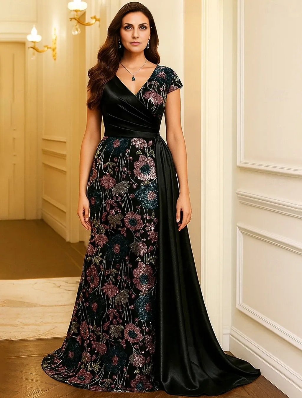 Sophisticated Graceful Stylish Elegant Black Sequins A-Line Short Sleeve Floor-Length Evening Dress