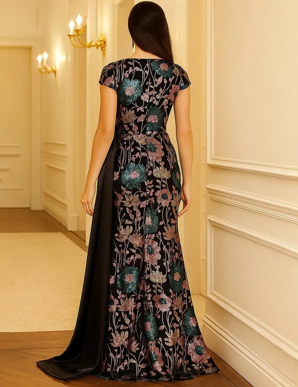 Sophisticated Graceful Stylish Elegant Black Sequins A-Line Short Sleeve Floor-Length Evening Dress