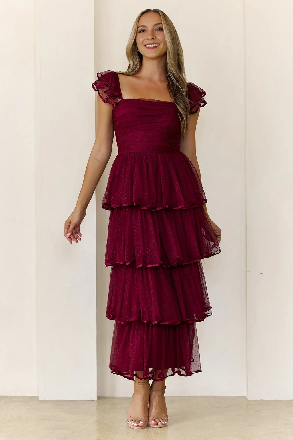 Sparkle A-Line Square Neck Ruffle Strap Back Zip Tiered Ankle-Length Prom Dresses