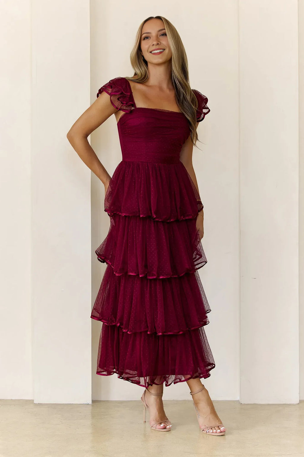 Sparkle A-Line Square Neck Ruffle Strap Back Zip Tiered Ankle-Length Prom Dresses