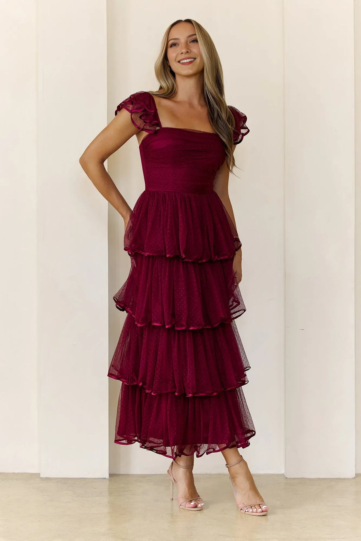 Sparkle A-Line Square Neck Ruffle Strap Back Zip Tiered Ankle-Length Prom Dresses