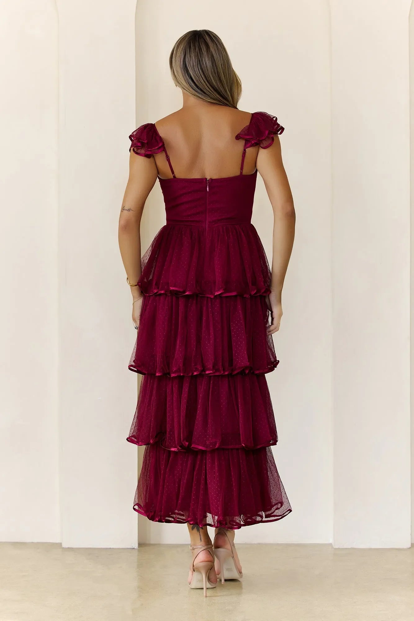 Sparkle A-Line Square Neck Ruffle Strap Back Zip Tiered Ankle-Length Prom Dresses