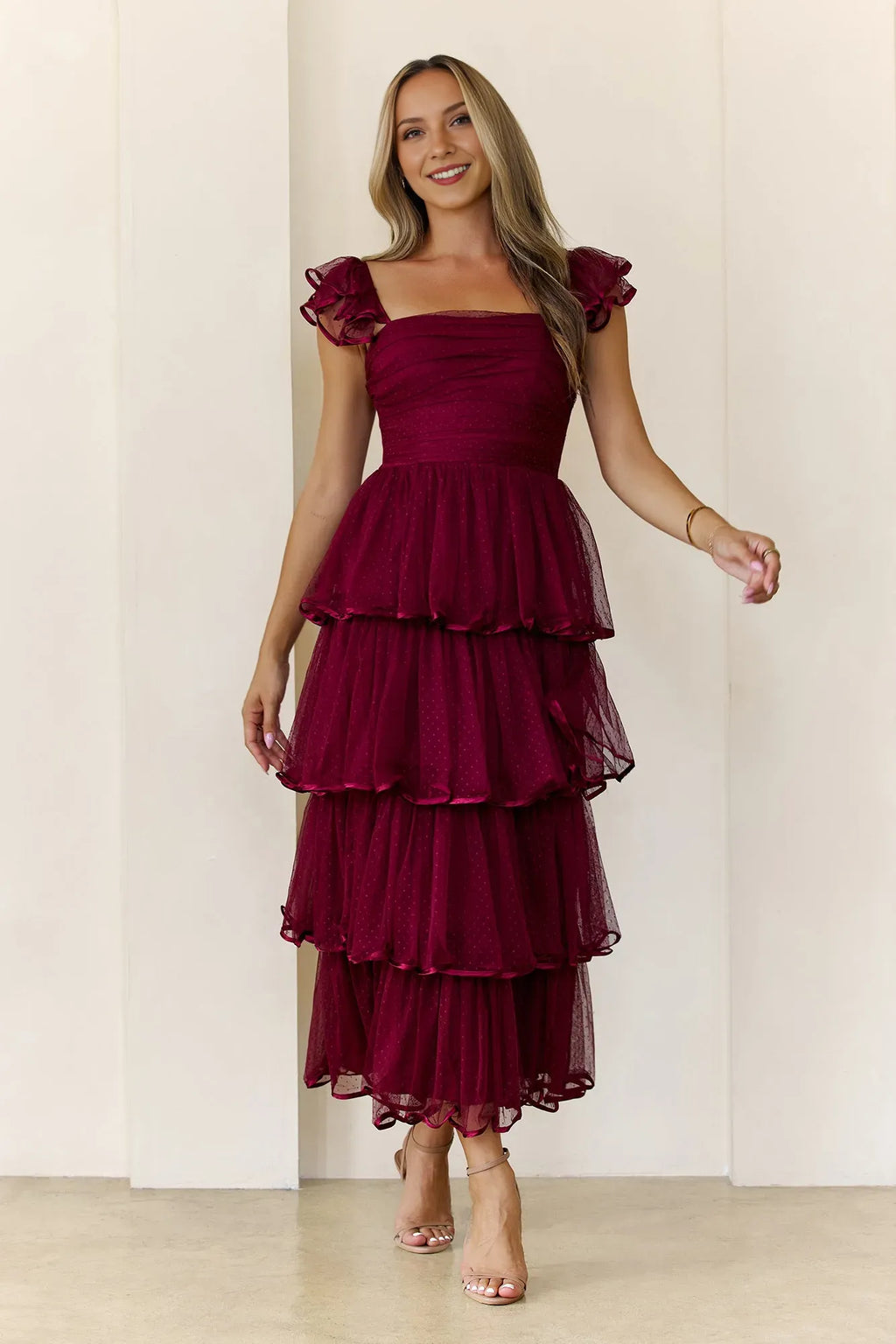 Sparkle A-Line Square Neck Ruffle Strap Back Zip Tiered Ankle-Length Prom Dresses