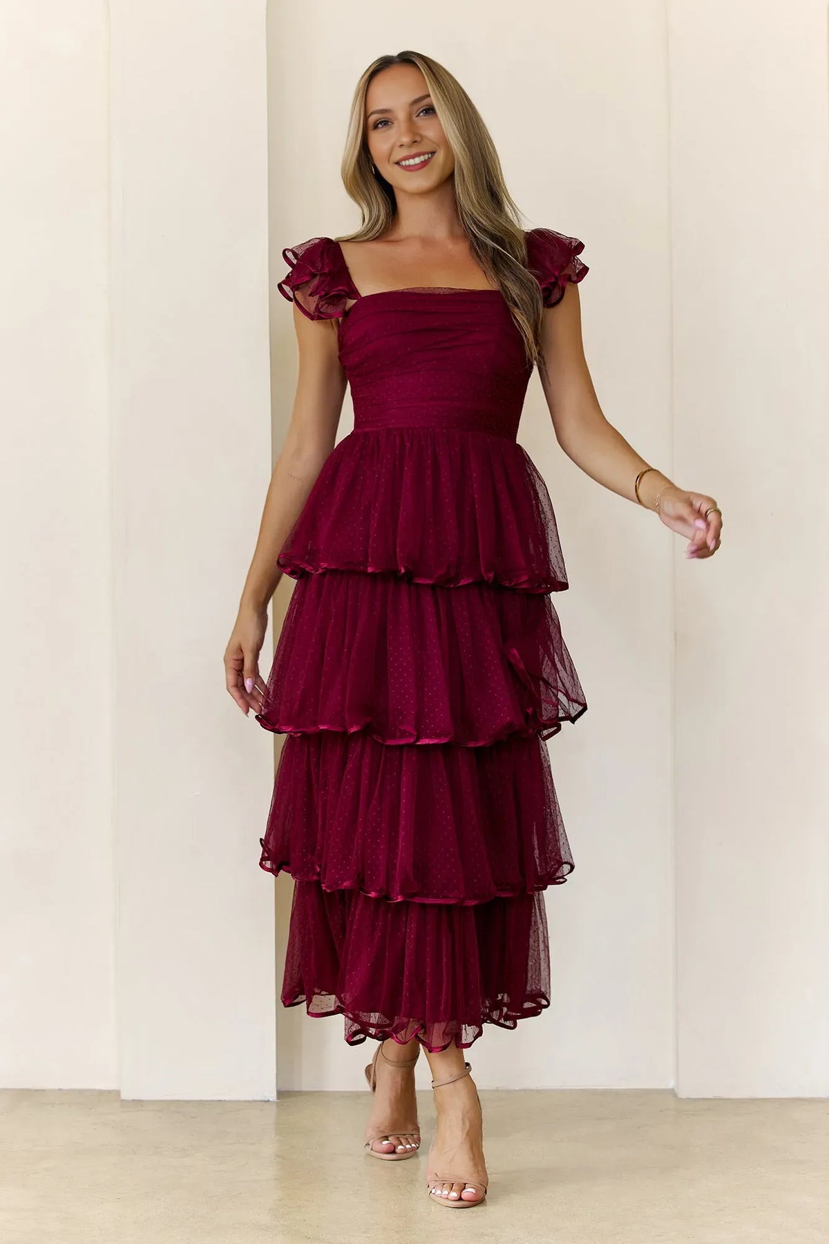 Sparkle A-Line Square Neck Ruffle Strap Back Zip Tiered Ankle-Length Prom Dresses