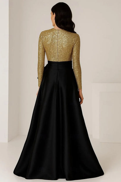 Special Occasion Sophisticated Elegant Gold Sequins Ball Gown Long Sleeve Floor-Length Evening Dress