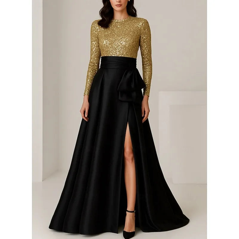 Special Occasion Sophisticated Elegant Gold Sequins Ball Gown Long Sleeve Floor-Length Evening Dress