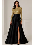 Special Occasion Sophisticated Elegant Gold Sequins Ball Gown Long Sleeve Floor-Length Evening Dress