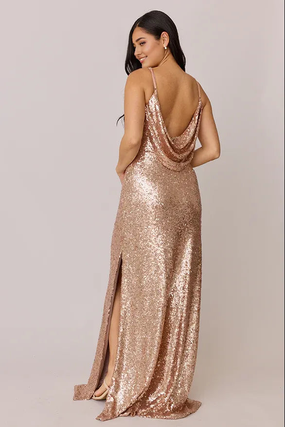 Refined Beautiful Timeless Elegant Rose Gold Sequin Cowl Sleeveless Floor-Length Prom Dress