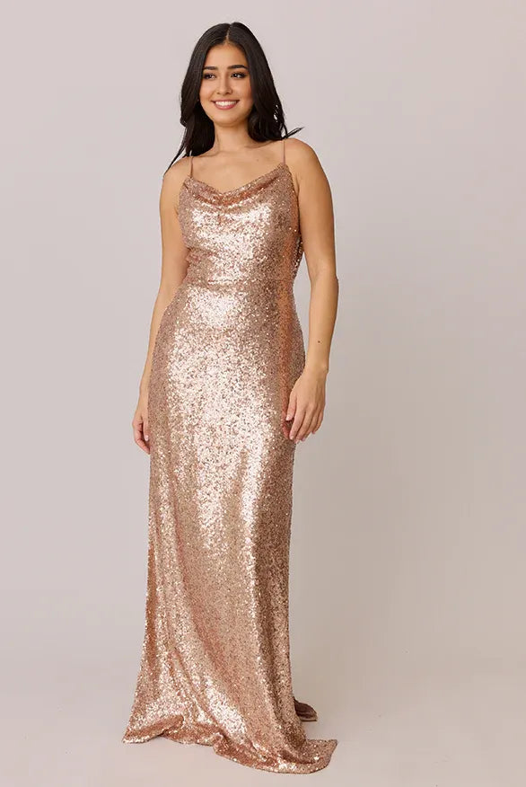 Refined Beautiful Timeless Elegant Rose Gold Sequin Cowl Sleeveless Floor-Length Prom Dress
