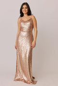 Refined Beautiful Timeless Elegant Rose Gold Sequin Cowl Sleeveless Floor-Length Prom Dress