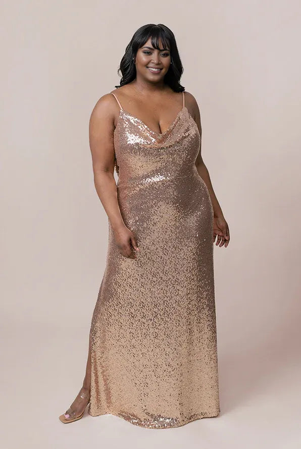 Graceful Stylish Refined Elegant Rose Gold Sequin Cowl Sleeveless Floor-Length Prom Dress
