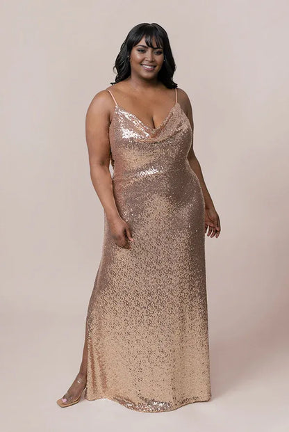 Graceful Stylish Refined Elegant Rose Gold Sequin Cowl Sleeveless Floor-Length Prom Dress