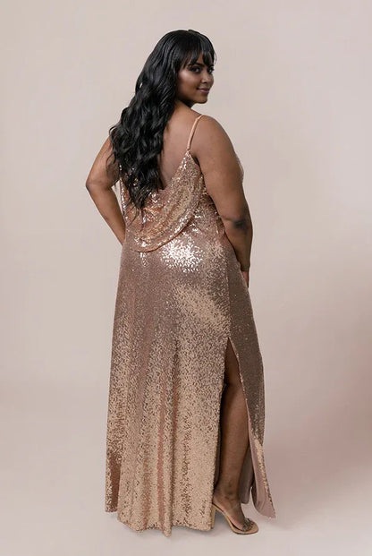 Graceful Stylish Refined Elegant Rose Gold Sequin Cowl Sleeveless Floor-Length Prom Dress