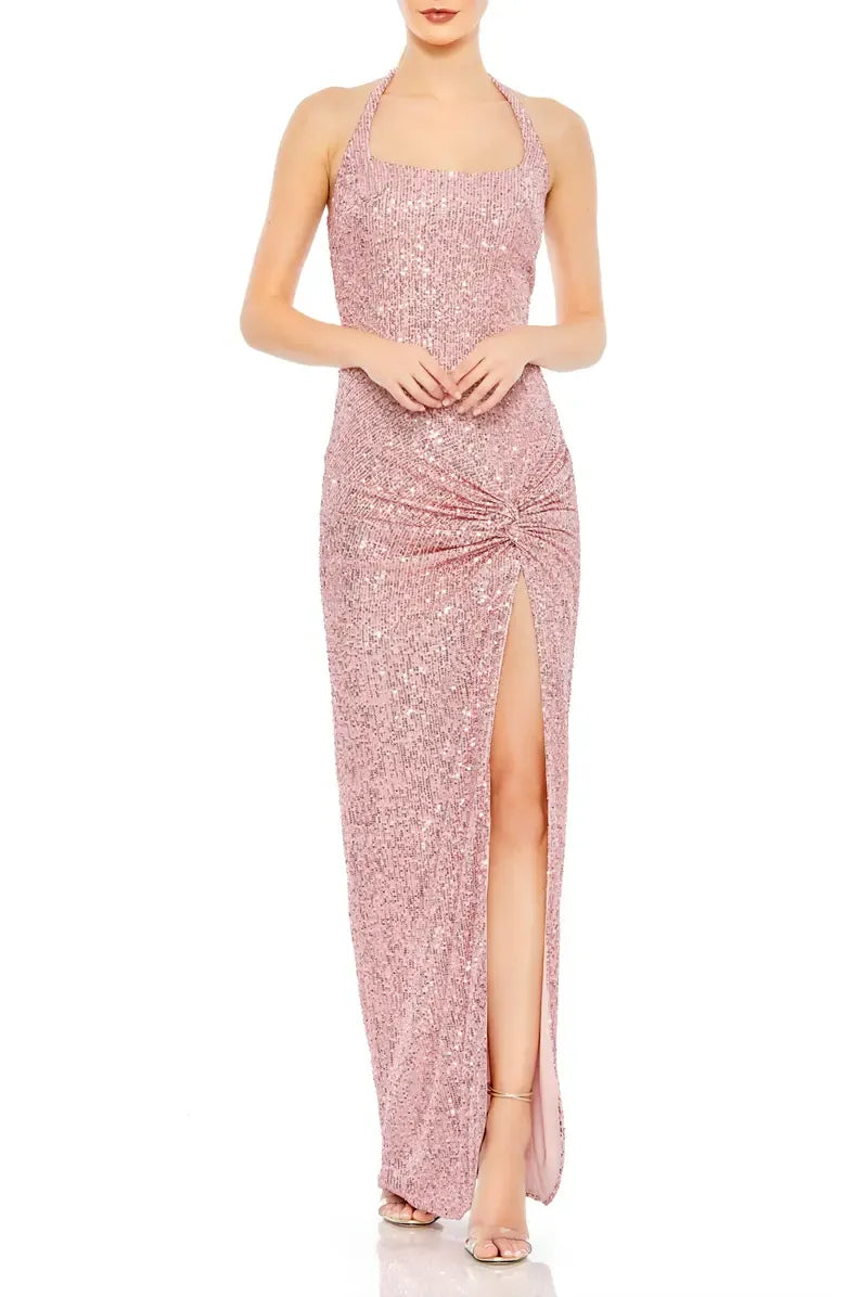Graceful Stylish Refined Elegant Blush Pink Sequin Halter Sleeveless Floor-Length Prom Dress