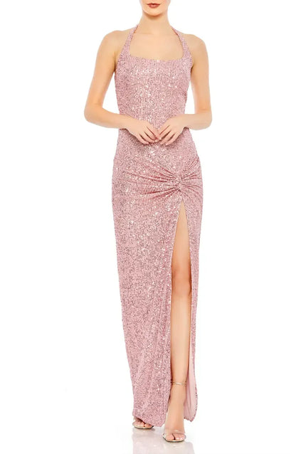 Graceful Stylish Refined Elegant Blush Pink Sequin Halter Sleeveless Floor-Length Prom Dress