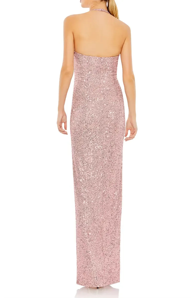 Graceful Stylish Refined Elegant Blush Pink Sequin Halter Sleeveless Floor-Length Prom Dress