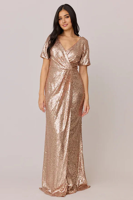 Beautiful Timeless Chic Elegant Rose Gold Sequin Short Sleeve Floor-Length Prom Dress