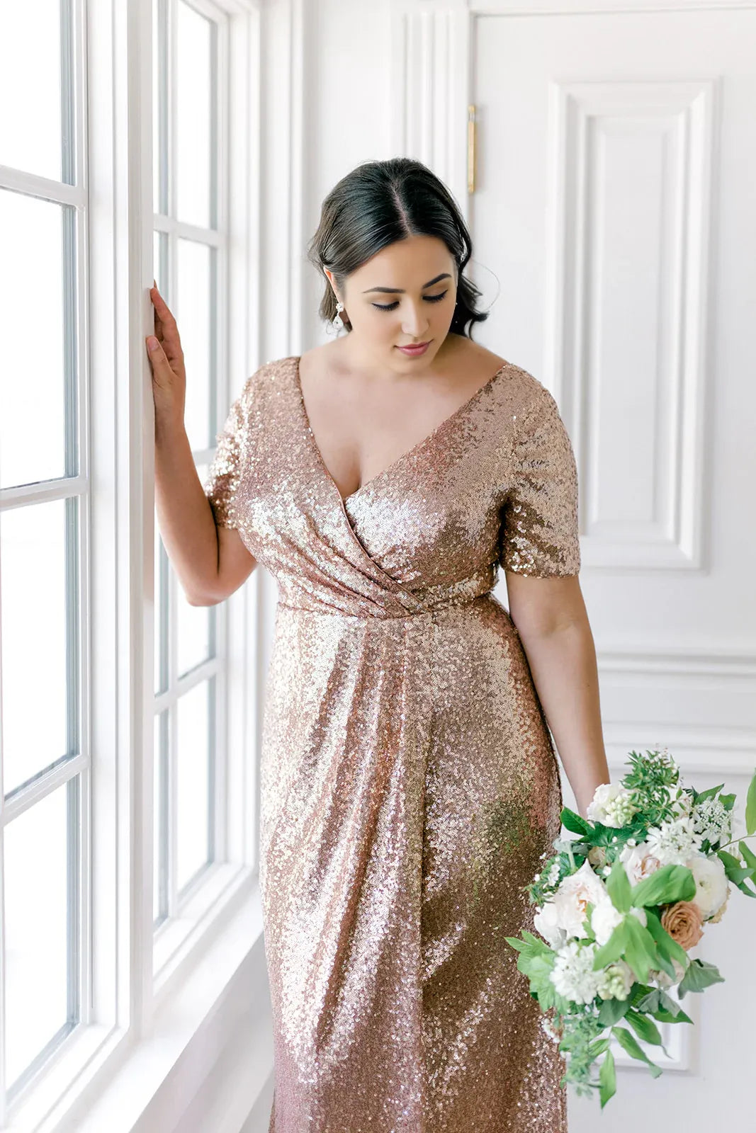 Stylish Refined Beautiful Elegant Rose Gold Sequin Short Sleeve Floor-Length Prom Dress