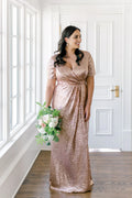 Stylish Refined Beautiful Elegant Rose Gold Sequin Short Sleeve Floor-Length Prom Dress