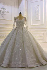 Sparkle Appliques Long Sleevess Church Train Wedding Dress