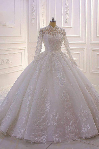 Luxury A -Line Sparkle Illusion Long Sleeve Back Zip Watteau Train mermaid High Neck Tull Wedding Dress for bride