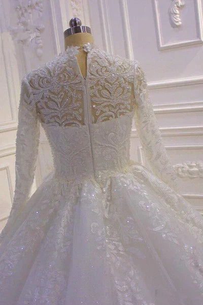 Luxury A -Line Sparkle Illusion Long Sleeve Back Zip Watteau Train mermaid High Neck Tull Wedding Dress for bride