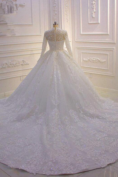 Luxury A -Line Sparkle Illusion Long Sleeve Back Zip Watteau Train mermaid High Neck Tull Wedding Dress for bride