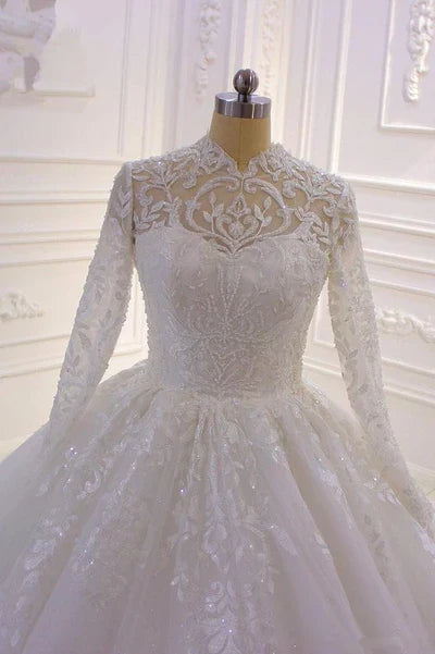 Luxury A -Line Sparkle Illusion Long Sleeve Back Zip Watteau Train mermaid High Neck Tull Wedding Dress for bride