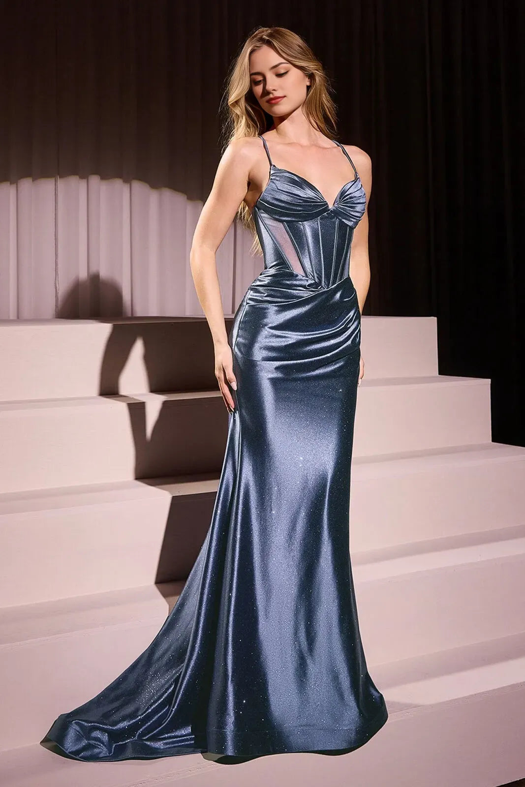 Sparkle Mermaid Deep V-Neck Spaghetti Strap Crisscross Back Floor-Length Ruched Prom Dresses