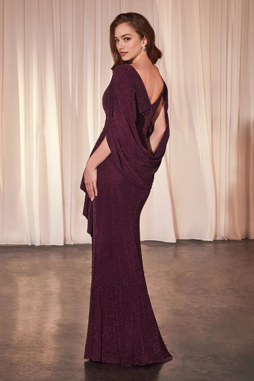 Plum Sparkle Plum Prom Gown with V - Neck Draped Front Fla Sleeves and High Slit A Statement Piece for Luxury Ball Events