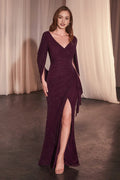 Plum Sparkle Plum Prom Gown with V - Neck Draped Front Fla Sleeves and High Slit A Statement Piece for Luxury Ball Events