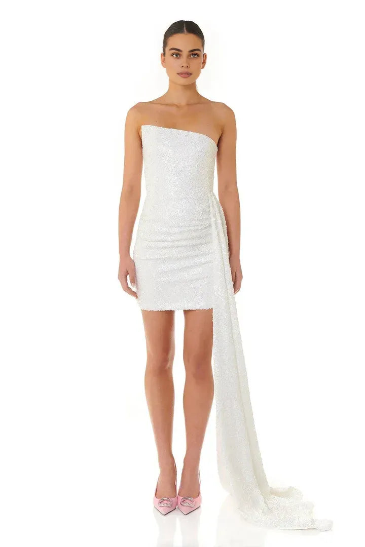 Refined Beautiful Timeless Chic Elegant White Sequins Sheath Sleeveless Mini Wedding Dress
