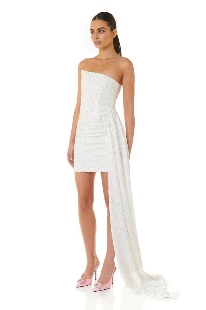 Refined Beautiful Timeless Chic Elegant White Sequins Sheath Sleeveless Mini Wedding Dress