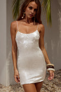 Beautiful Timeless Elegant White Sequins Sheath Scoop Neck Sleeveless Mini Homecoming Dress