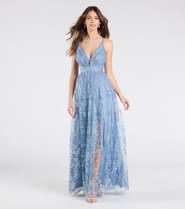 Special Occasion Sophisticated Graceful Elegant Light Blue Lace A-Line Sleeveless Floor-Length Prom Dress