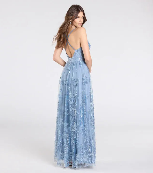 Special Occasion Sophisticated Graceful Elegant Light Blue Lace A-Line Sleeveless Floor-Length Prom Dress